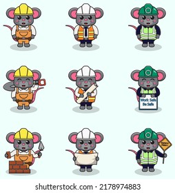 Vector illustration of Mouse worker, builder, laborer cartoon. Cute Mouse engineers workers, builders characters isolated cartoon illustration. Vector illustration on white background