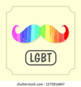Vector illustration of moustache painted with colors of LGBT community rainbow on yellow background with frame, with LGBT signature