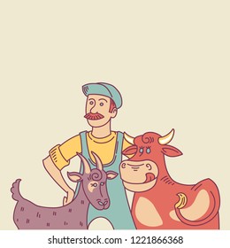 Vector illustration. A moustached farmer next to a cow and a goat