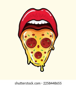 Vector illustration of a mouth with a pizza tongue sticking out. Template for card, poster, banner, t-shirt print, pin, badge, patch.