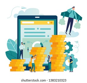 Vector illustration, move up motivation, way to achieve goals, graph of columns from coins - Vector