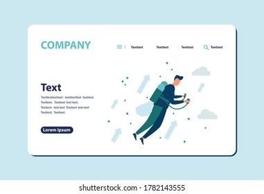 Vector illustration, move up motivation, way to achieve goal. The concept of achieving a goal on a jet pack.