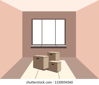 Vector illustration of the move. The room with the boxes. New apartment. 