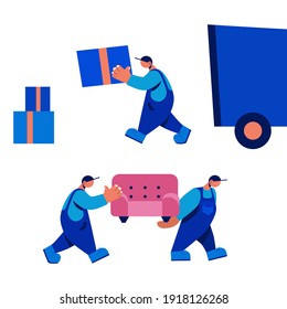ilustración vectorial de los conductores portadores de cajas y muebles. Empresa de transporte de mercancías. Concepto de traslado y entrega