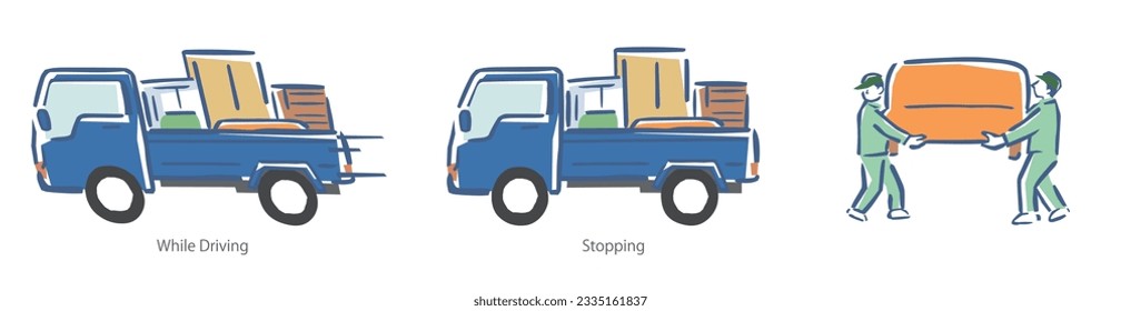 Vector illustration of movers carrying goods, truck with goods, vector illustration.