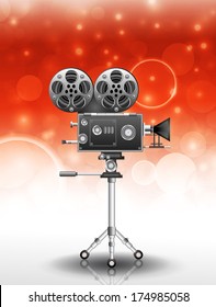 Vector illustration of movie camera with glitter background.