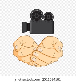 Vector illustration of movie camera in hands on transparent background