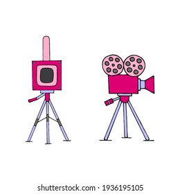 Vector illustration with movie cameras on a white background.