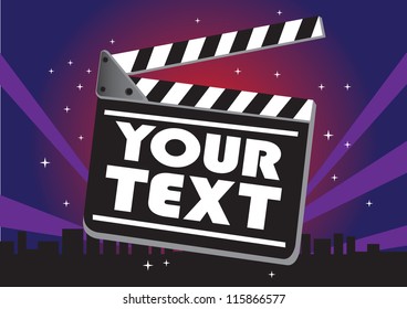 Vector illustration of movie clap board against a night city skyline.