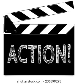 vector illustration of movie clapper board with the hand - drawn inscription "Action"