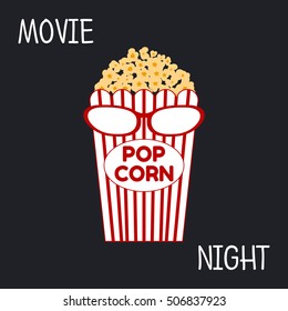 Vector illustration of movie night concept. Popcorn bag and glasses on a black background