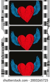 vector illustration of a movie tape showing a heart with wings. Surreal image for t-shirts or stickers.