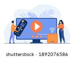 Vector illustration for movie watching, home entertainment concept. Tiny couple watching video on Internet. Man holding remote control, woman standing by receiver or smart box with Wi-Fi signal