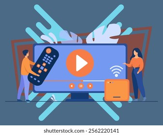 Vector illustration for movie watching, home entertainment concept. Tiny couple watching video on Internet. Man holding remote control, woman standing by receiver or smart box with Wi-Fi signal