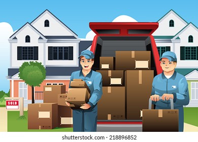 A vector illustration of moviers carrying boxes in front of their truck