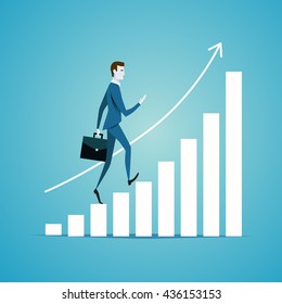 Vector illustration of moving up businessman, symbol of financial and social success, stairway to progress, infographic elements, graph of growth