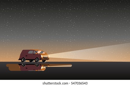 Vector Illustration Of A Moving Car At Night In The Desert