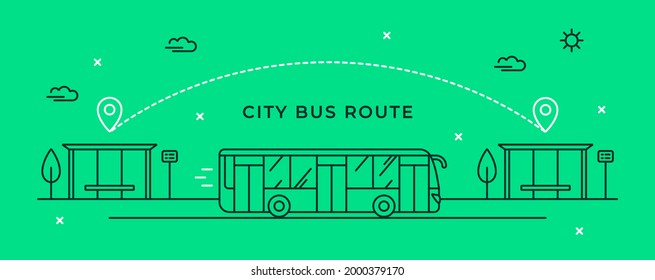 Vector illustration with a moving city bus side view. Public transport route. Bus stop linear icon. Stylish minimalistic web banner.