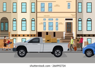 A vector illustration of moving couple loading stuff into their car