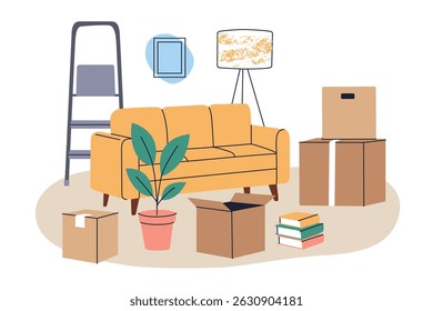 Vector illustration of moving day scene with furniture, cardboard boxes and home items. Sofa, lamp, plants and books during relocation, step ladder and scattered belongings, settling into new home