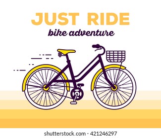 Vector illustration of moving fast bicycle with basket and text just ride on yellow gradient background. Bike adventure concept. Thin line art flat design of female bicycle, riding on bicycle, cycling