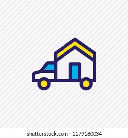 Vector illustration of moving icon colored line. Beautiful construction element also can be used as house on truck icon element.