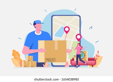 Ilustración vectorial, Concepto de salida, Mostrando a la gente mudándose a un nuevo lugar, Adecuado para página de inicio, UI, web, tarjeta de introducción de aplicaciones, editorial, volante y banner