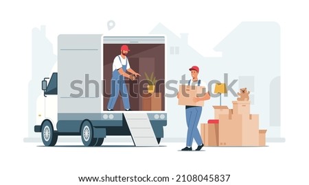 Vector illustration of moving service. Two movers loading cardboard boxes into the truck. House relocation.