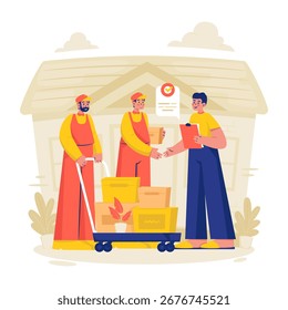 Ilustración vectorial de trasladar personal de servicio entregando cajas a un Cliente frente a una casa. Proceso de reubicación con Acuerdo de apretón de manos.