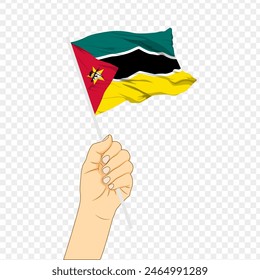 Ilustración vectorial de la bandera de Mozambique en la mano sobre fondo transparente
