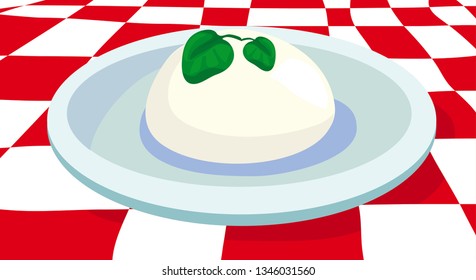 Vector illustration of mozzarella cheese decorated with basil on plate isolated on red and white crossed pattern like in traditional italian restaurant