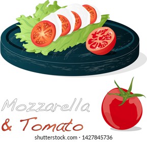 Vector illustration of mozzarella, cherry tomatoes - ingredients for caprese salad on plate. Isolated image.