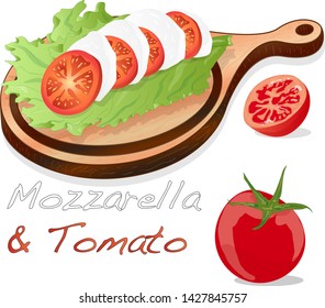 Vector illustration of mozzarella, cherry tomatoes - ingredients for caprese salad on plate. Isolated image.