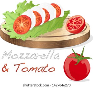 Vector illustration of mozzarella, cherry tomatoes - ingredients for caprese salad on plate. Isolated image.