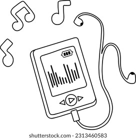 Vector illustration of Mp player, headphones and music. Musical signboard, colorful linear pattern on a white background.Simple isolated icons. A conceptual illustration for a website.A sign,a symbol.