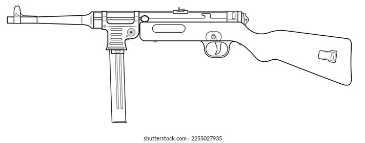 Ilustración vectorial de la ametralladora alemana MP41 con material de madera sobre el fondo blanco. Lado izquierdo.