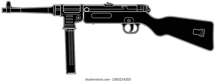 Ilustración vectorial de la ametralladora alemana MP41 con material de madera sobre el fondo blanco. Negro. Lado izquierdo.