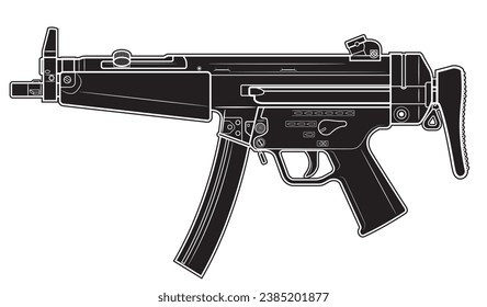 Ilustración vectorial de la ametralladora MP5 con material doblado sobre el fondo blanco. Negro. Lado izquierdo.