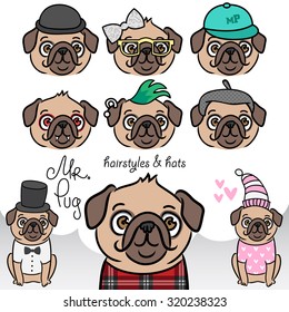 Vector illustration. Mr. Pug. Hairstyles and hats. Cartoon dog clothing, accessories, hat, bow, glasses, cap, mohawk, piercings, beret. Characters for design greeting cards, labels, paper.
