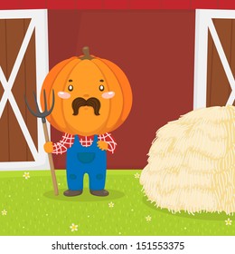Vector illustration with Mr. Pumpkin on the farm.