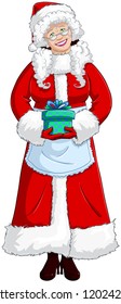 A vector illustration of Mrs Claus holding a present for Christmas and smiling.