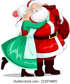 A vector illustration of mrs Claus kisses Santa on cheek and hugs him for christmas.