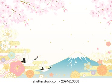 Vector illustration of Mt. Fuji, cherry blossoms and cranes

translation: Fuji (Fuji is the name of a mountain in Japan.) 
translation: sakura (cherry-blossom) 