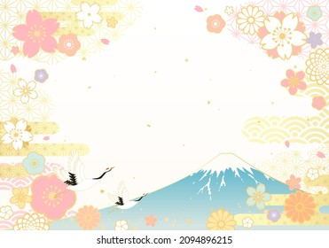 Ilustración vectorial del monte Fuji, flores de cerezo y grúas

traducción: Fuji (Fuji es el nombre de una montaña en Japón). 
traducción: sakura (flor de cerezo) 