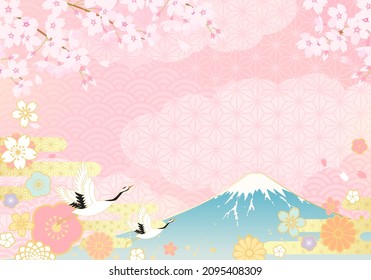 Ilustración vectorial del monte Fuji, flores de cerezo y grúas

traducción: Fuji (Fuji es el nombre de una montaña en Japón). 
traducción: sakura (flor de cerezo) 