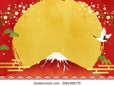 Vector illustration of Mt. Fuji, crane and first sunrise

translation: Fuji (Fuji is the name of a mountain in Japan.)  - Shutterstock ID 2081498770