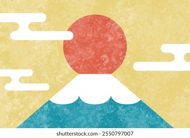 Ilustração vetorial do Monte Fuji, o primeiro nascer do sol, e nuvens em estilo japonês. Tamanho do cartão postal, horizontal.