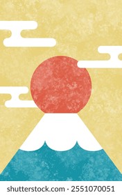 Vektorgrafik des Fuji, des ersten Sonnenaufgangs, und Wolken japanischen Stils. Postkartengröße, Vertikal.
