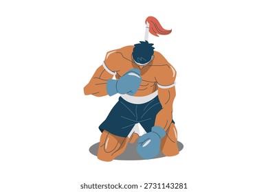 Ilustração vetorial de um boxeador Muay Thai sentado e realizando o ritual Wai Kru no canto azul, representando as artes marciais tradicionais tailandesas, cultura e esportes de combate.
