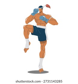 Ilustração vetorial de um boxeador Muay Thai em pé e realizando o ritual Wai Kru no canto azul, representando as artes marciais tradicionais tailandesas, cultura e esportes de combate.
